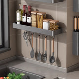 SOGA 42cm Black Wall-Mounted Rectangular Kitchen Spice Storage Organiser Space Saving Condiments Shelf Rack with Hooks - Cafe Supply