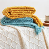 SOGA 2X Yellow Diamond Pattern Knitted Throw Blanket Warm Cozy Woven Cover Couch Bed Sofa Home Decor with Tassels - Cafe Supply