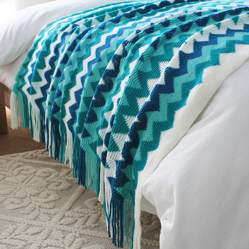 SOGA 2X 170cm Blue Zigzag Striped Throw Blanket Acrylic Wave Knitted Fringed Woven Cover Couch Bed Sofa Home Decor - Cafe Supply