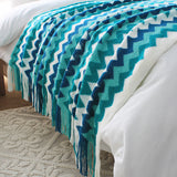 SOGA 2X 170cm Blue Zigzag Striped Throw Blanket Acrylic Wave Knitted Fringed Woven Cover Couch Bed Sofa Home Decor - Cafe Supply