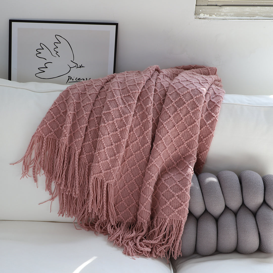 SOGA 2X  Pink Diamond Pattern Knitted Throw Blanket Warm Cozy Woven Cover Couch Bed Sofa Home Decor with Tassels - Cafe Supply