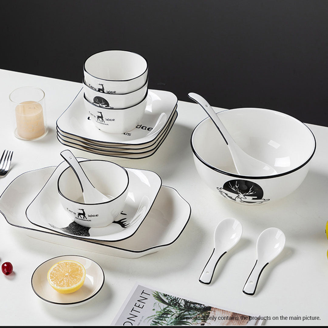 SOGA White Antler Printed Ceramic Dinnerware Set Crockery Soup Bowl Plate Server Kitchen Home Decor Set of 13 - Cafe Supply