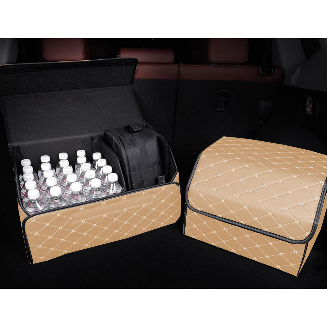 SOGA 2X Leather Car Boot Collapsible Foldable Trunk Cargo Organizer Portable Storage Box Beige/Gold Stitch Medium - Cafe Supply