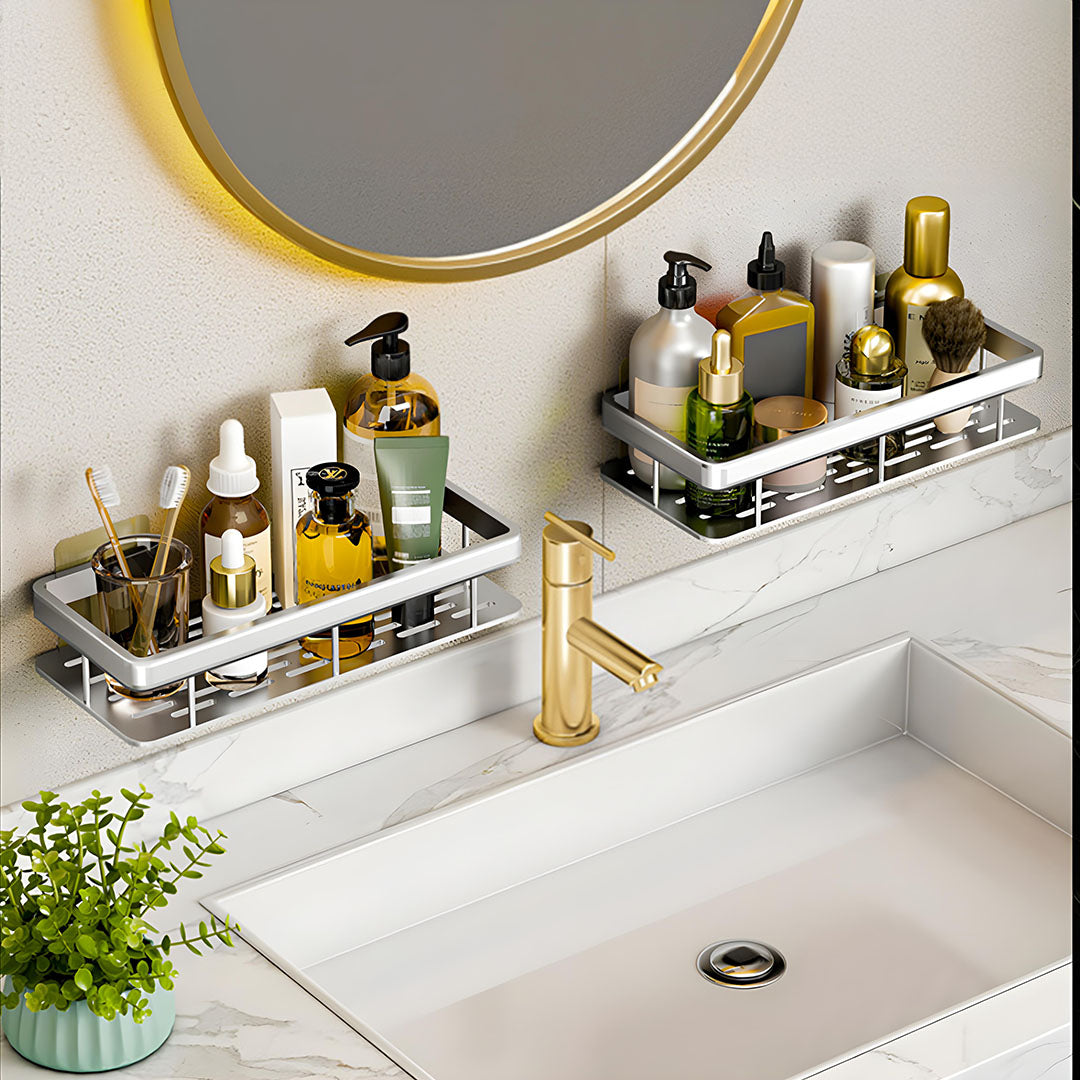 SOGA Silver Wall-Mounted Rectangular Bathroom Storage Organiser Space Saving Adhesive Shelf Rack - Cafe Supply