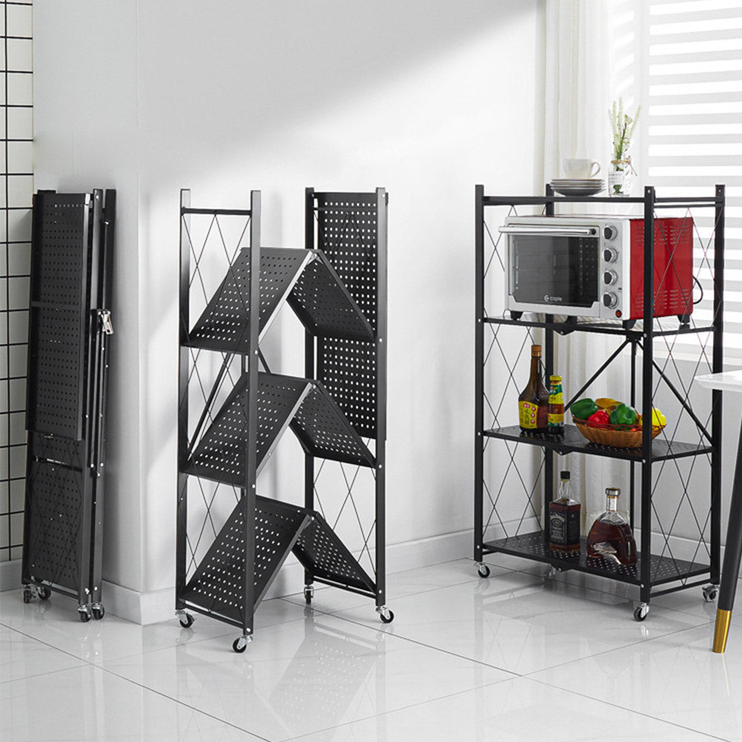 SOGA 4 Tier Steel Black Foldable Kitchen Cart Multi-Functional Shelves Portable Storage Organizer with Wheels - Cafe Supply