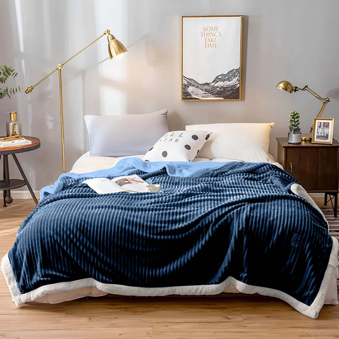 SOGA 2X Throw Blanket Warm Cozy Double Sided Thick Flannel Coverlet Fleece Bed Sofa Comforter Dark Blue - Cafe Supply