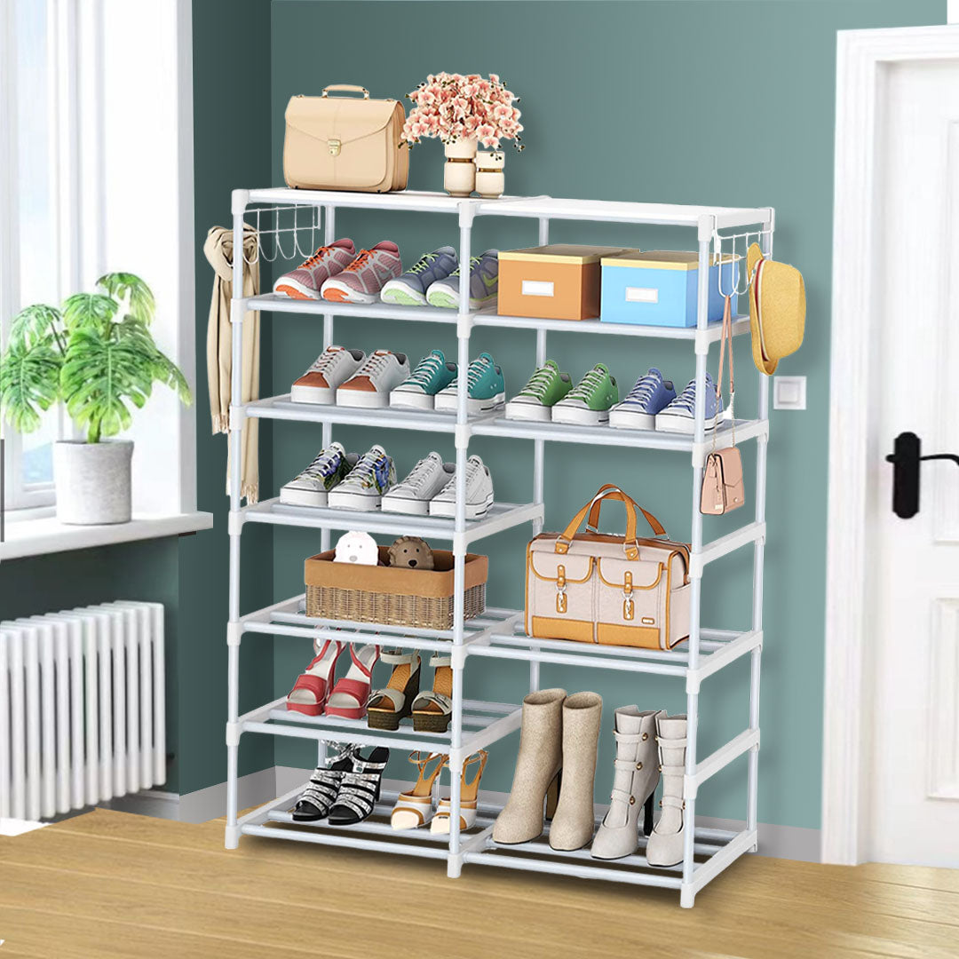 SOGA 2X 12-Shelf Tier Shoe Storage Shelf Space-Saving Caddy Rack Organiser with Side Hooks White - Cafe Supply