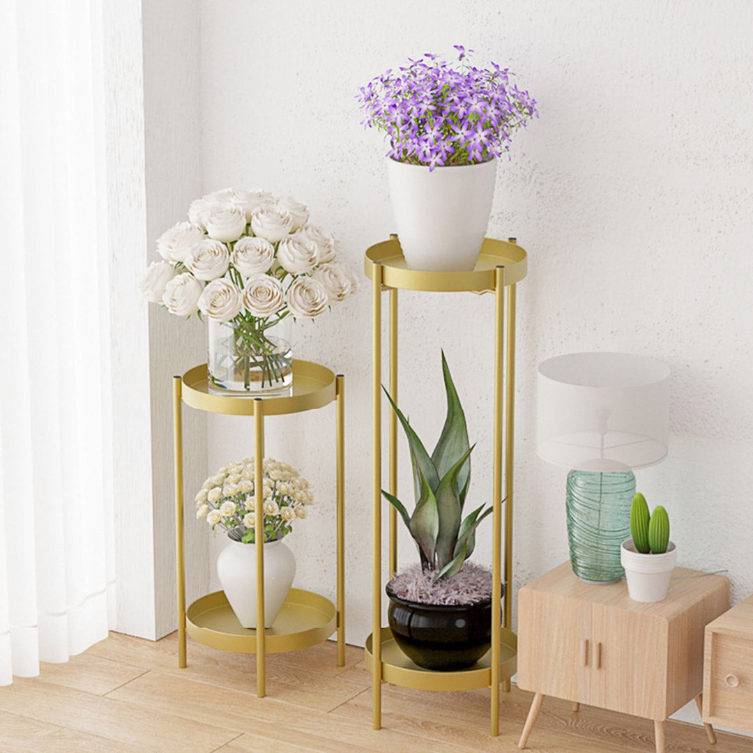 SOGA 2X 2 Layer 80cm Gold Metal Plant Stand Flower Pot Holder Corner Shelving Rack Indoor Display - Cafe Supply