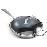SOGA 2X 34cm Stainless Steel Tri-Ply Frying Cooking Fry Pan Textured Non Stick Skillet with Glass Lid and Helper Handle - Cafe Supply