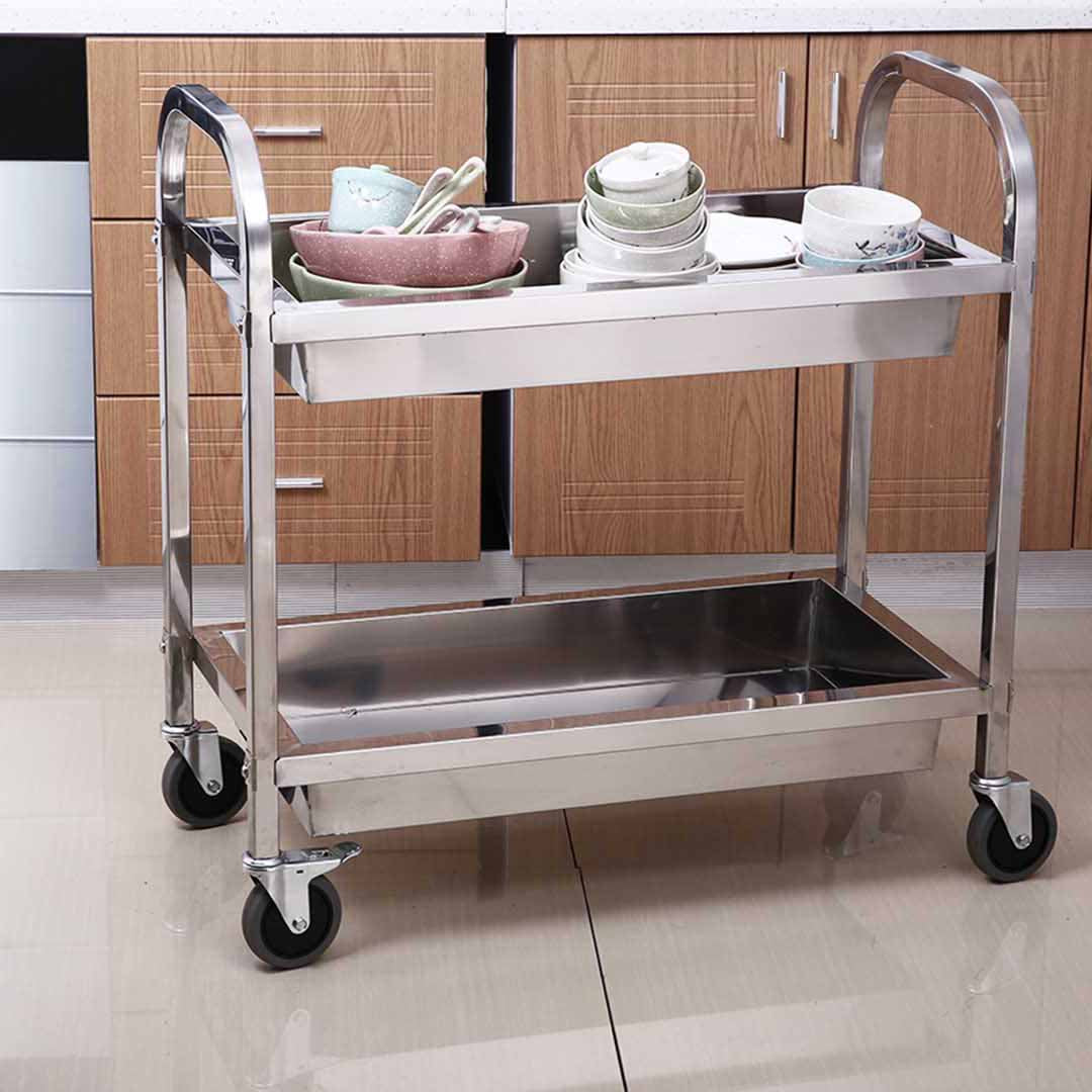 SOGA 2 Tier 75x40x83cm Stainless Steel Kitchen Trolley Bowl Collect Service Food Cart Small - Cafe Supply