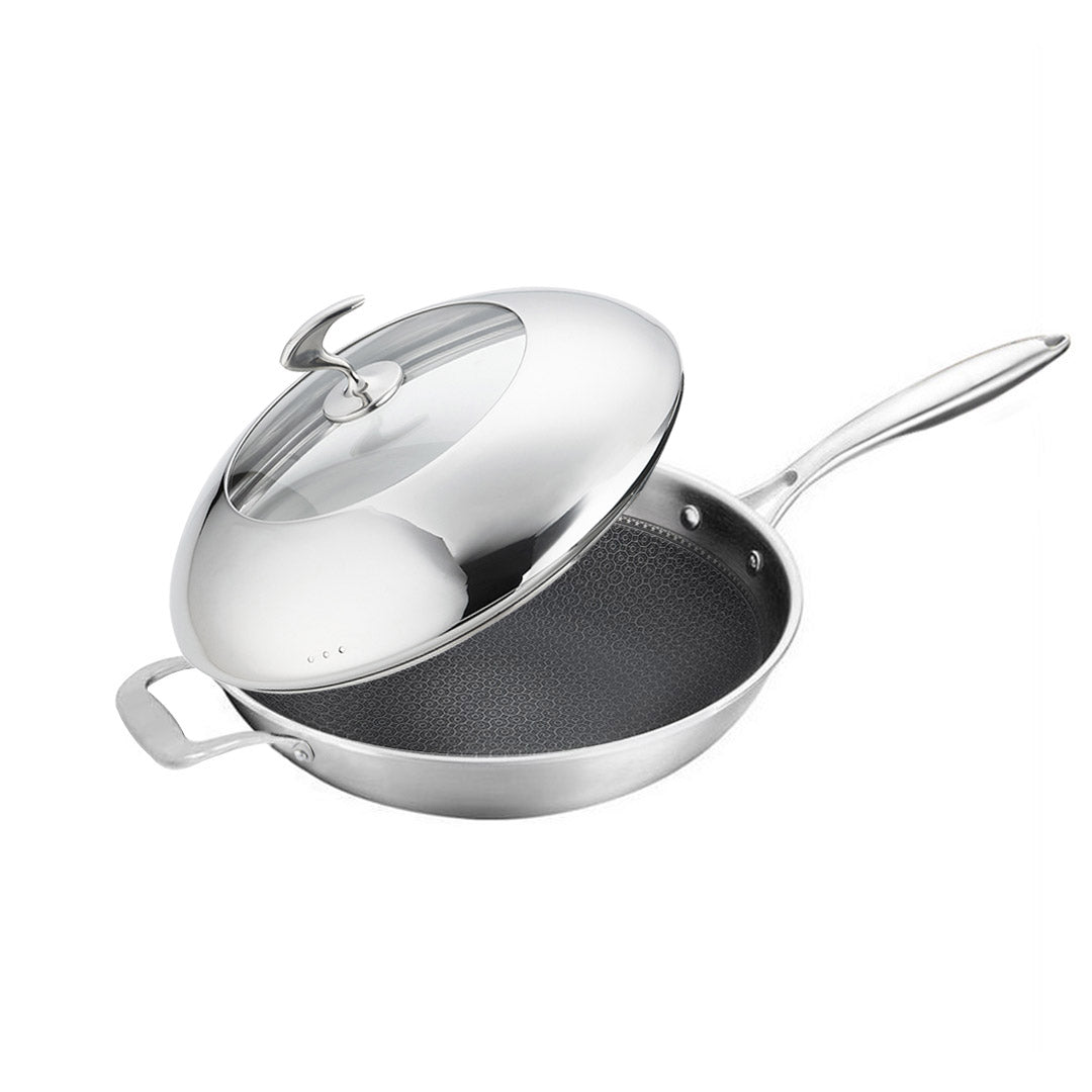SOGA 2X 18/10 Stainless Steel Fry Pan 32cm Frying Pan Top Grade Non Stick Interior Skillet with Helper Handle and Lid - Cafe Supply