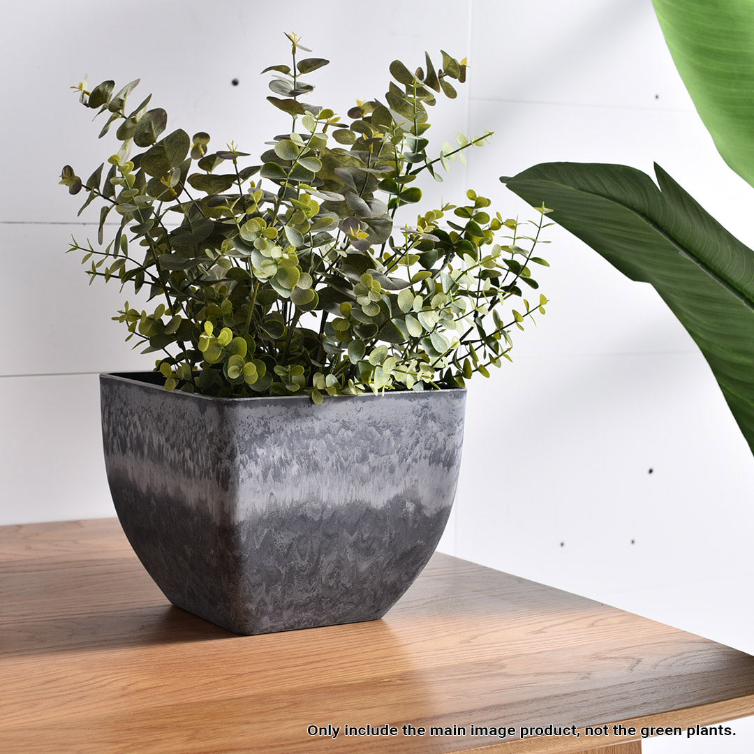 SOGA 27cm Weathered Grey Square Resin Plant Flower Pot in Cement Pattern Planter Cachepot for Indoor Home Office - Cafe Supply