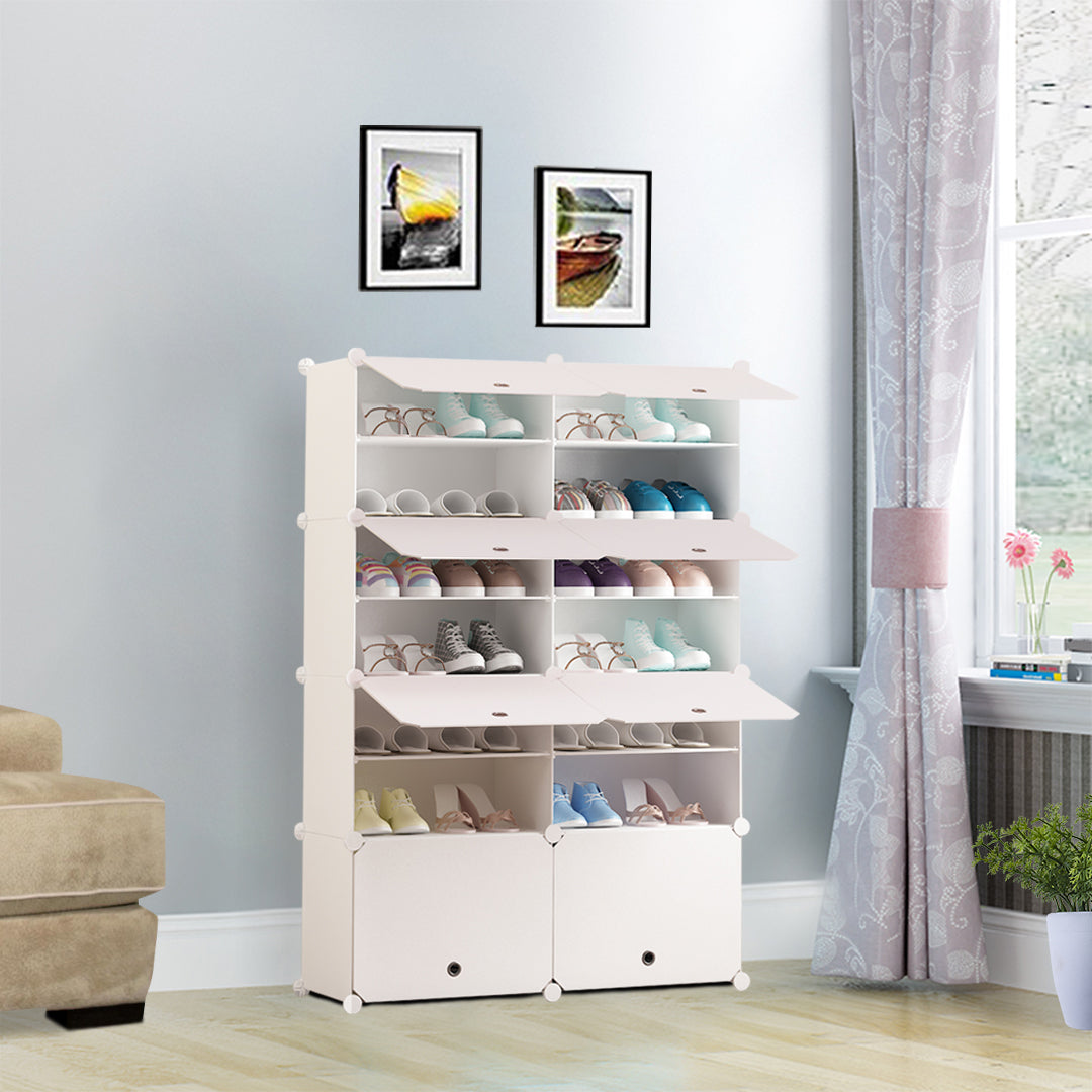 SOGA 7 Tier 2 Column White Shoe Rack Organizer Sneaker Footwear Storage Stackable Stand Cabinet Portable Wardrobe with Cover - Cafe Supply