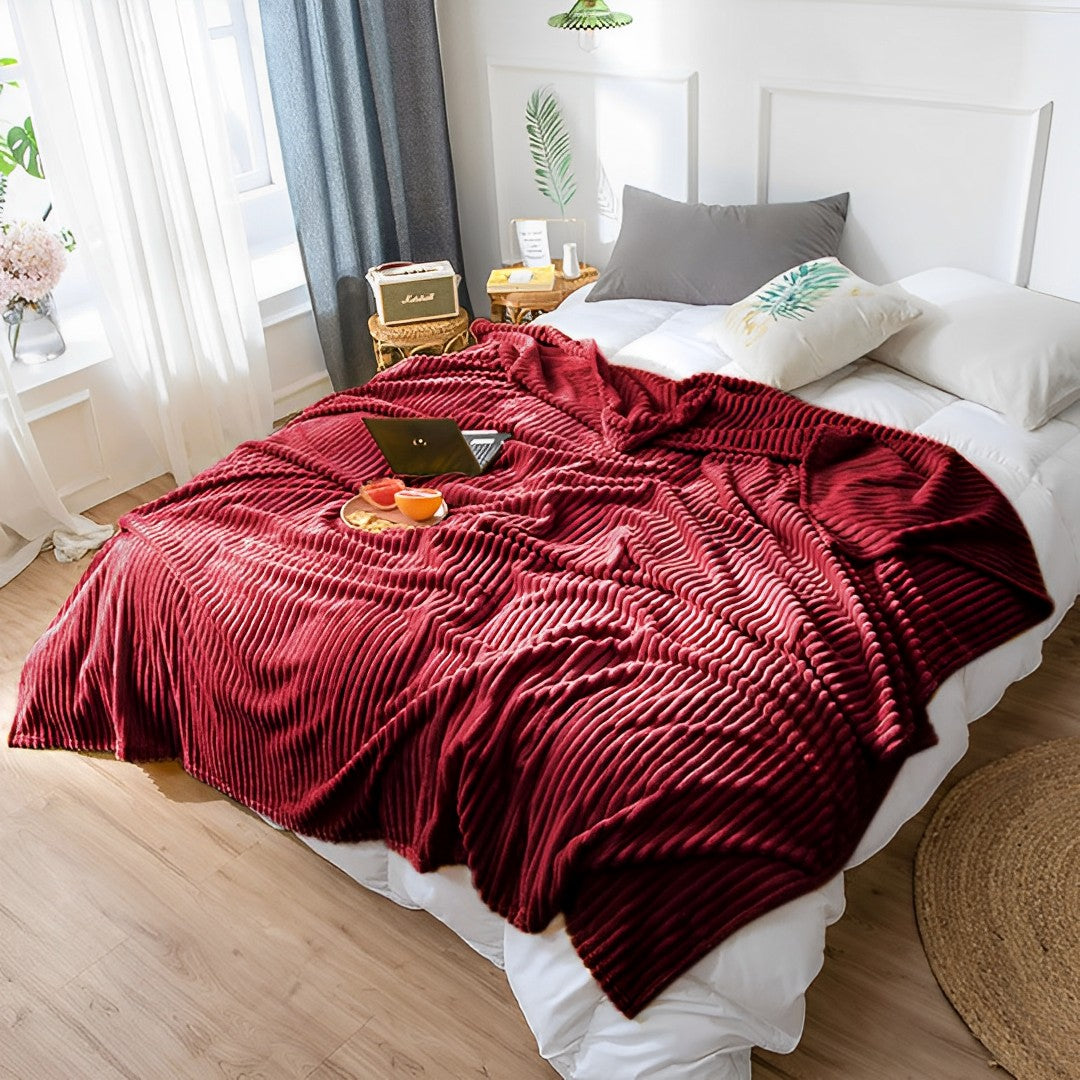 SOGA 2X Burgundy Throw Blanket Warm Cozy Striped Pattern Thin Flannel Coverlet Fleece Bed Sofa Comforter - Cafe Supply