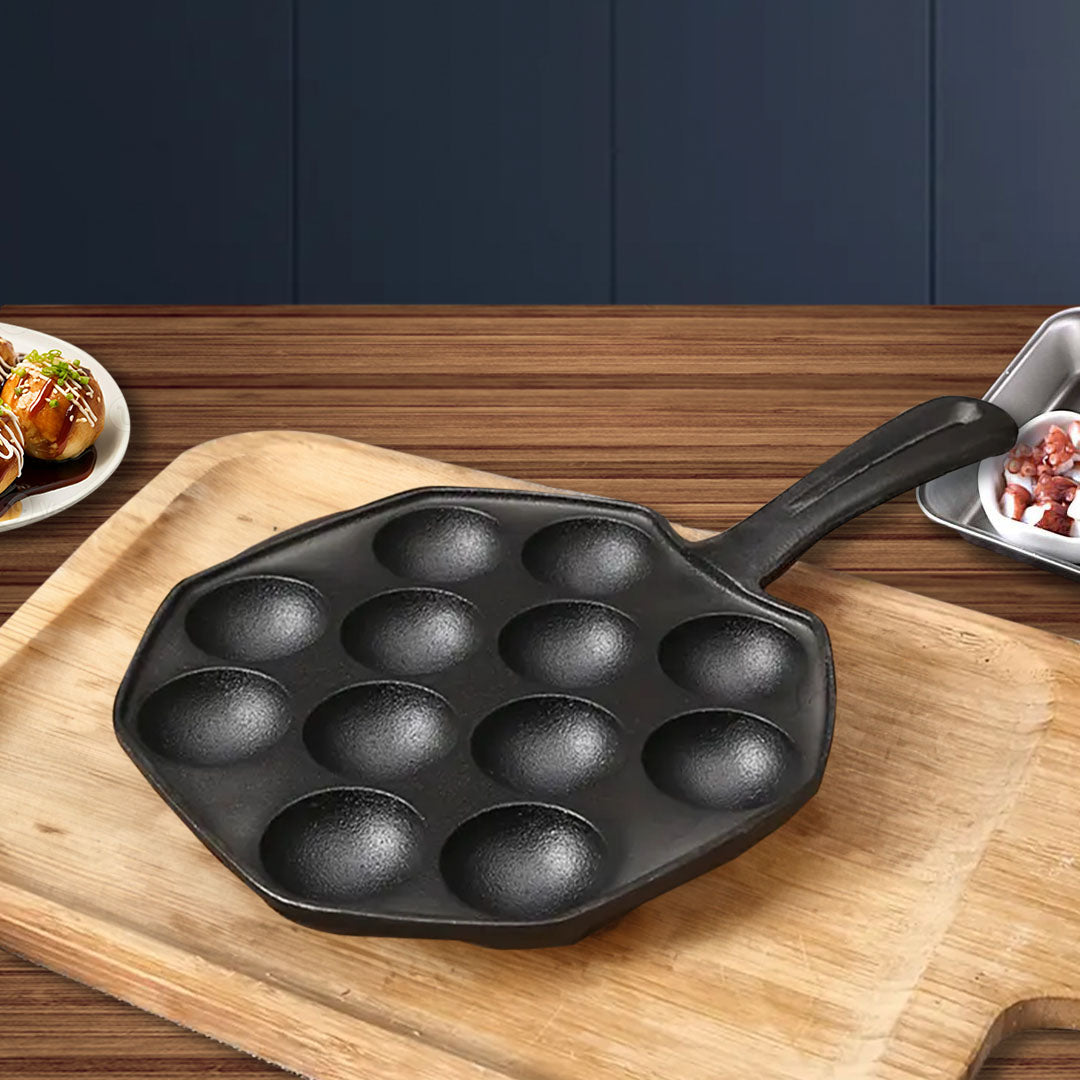 SOGA 18CM Cast Iron Takoyaki Fry Pan Octopus Balls Maker 12 Hole Cavities Grill Mold - Cafe Supply