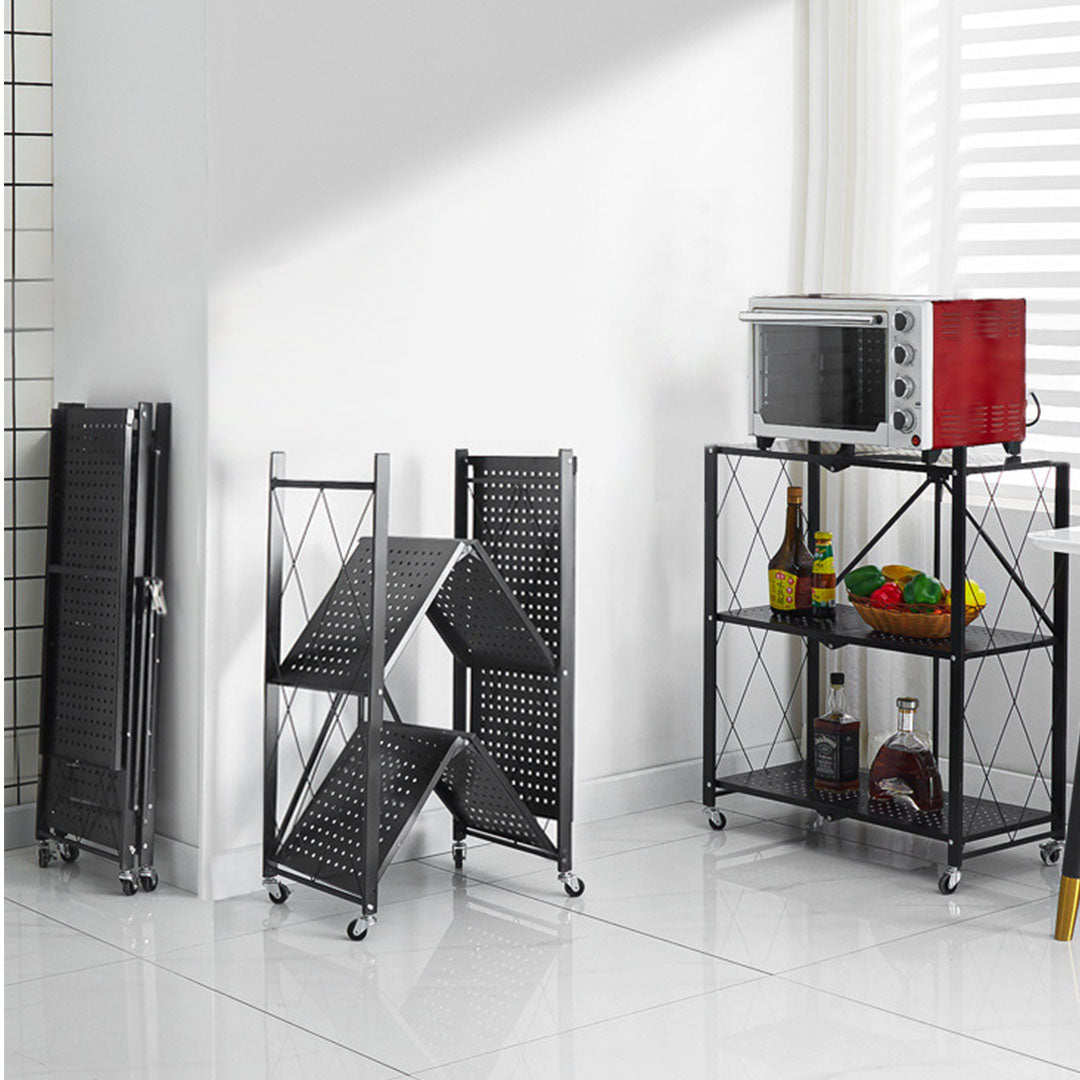 SOGA 2X 3 Tier Steel Black Foldable Kitchen Cart Multi-Functional Shelves Portable Storage Organizer with Wheels - Cafe Supply