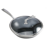 SOGA 2X 32cm Stainless Steel Tri-Ply Frying Cooking Fry Pan Textured Non Stick Interior Skillet with Glass Lid - Cafe Supply