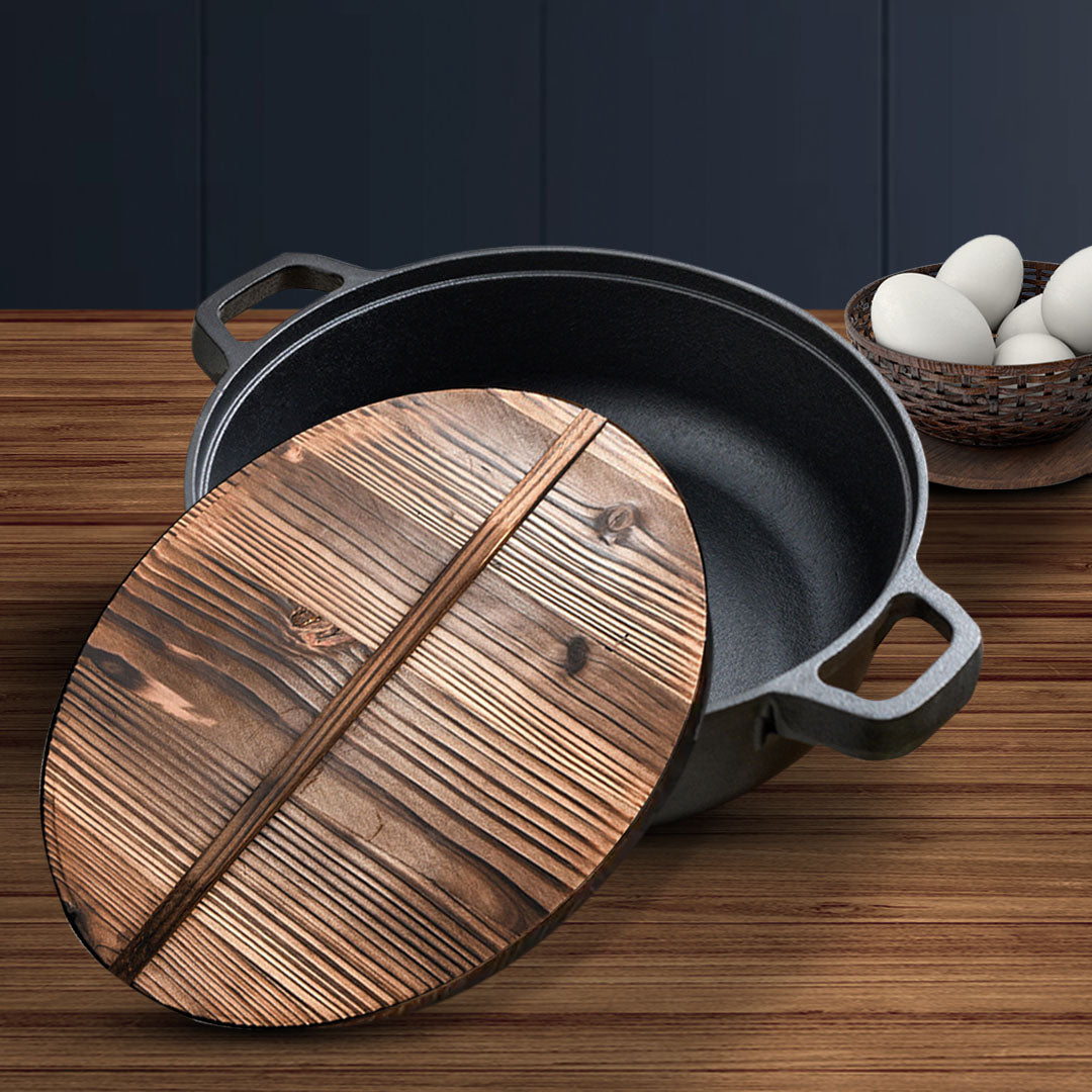 SOGA 2X 29cm Round Cast Iron Pre-seasoned Deep Baking Pizza Frying Pan Skillet with Wooden Lid - Cafe Supply