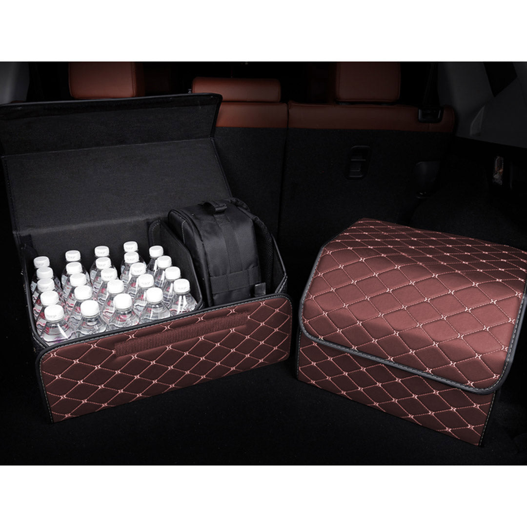 SOGA 2X Leather Car Boot Collapsible Foldable Trunk Cargo Organizer Portable Storage Box Coffee/Gold Stitch Medium - Cafe Supply