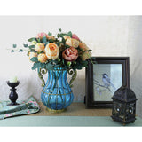 SOGA Blue Colored European Glass Home Decor Flower Vase with Two Metal Handle - Cafe Supply