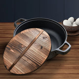 SOGA 31cm Round Cast Iron Pre-seasoned Deep Baking Pizza Frying Pan Skillet with Wooden Lid - Cafe Supply