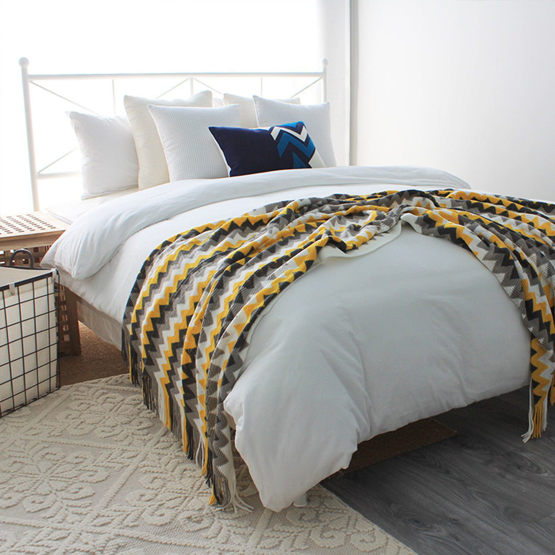 SOGA 2X 170cm Yellow Zigzag Striped Throw Blanket Acrylic Wave Knitted Fringed Woven Cover Couch Bed Sofa Home Decor - Cafe Supply