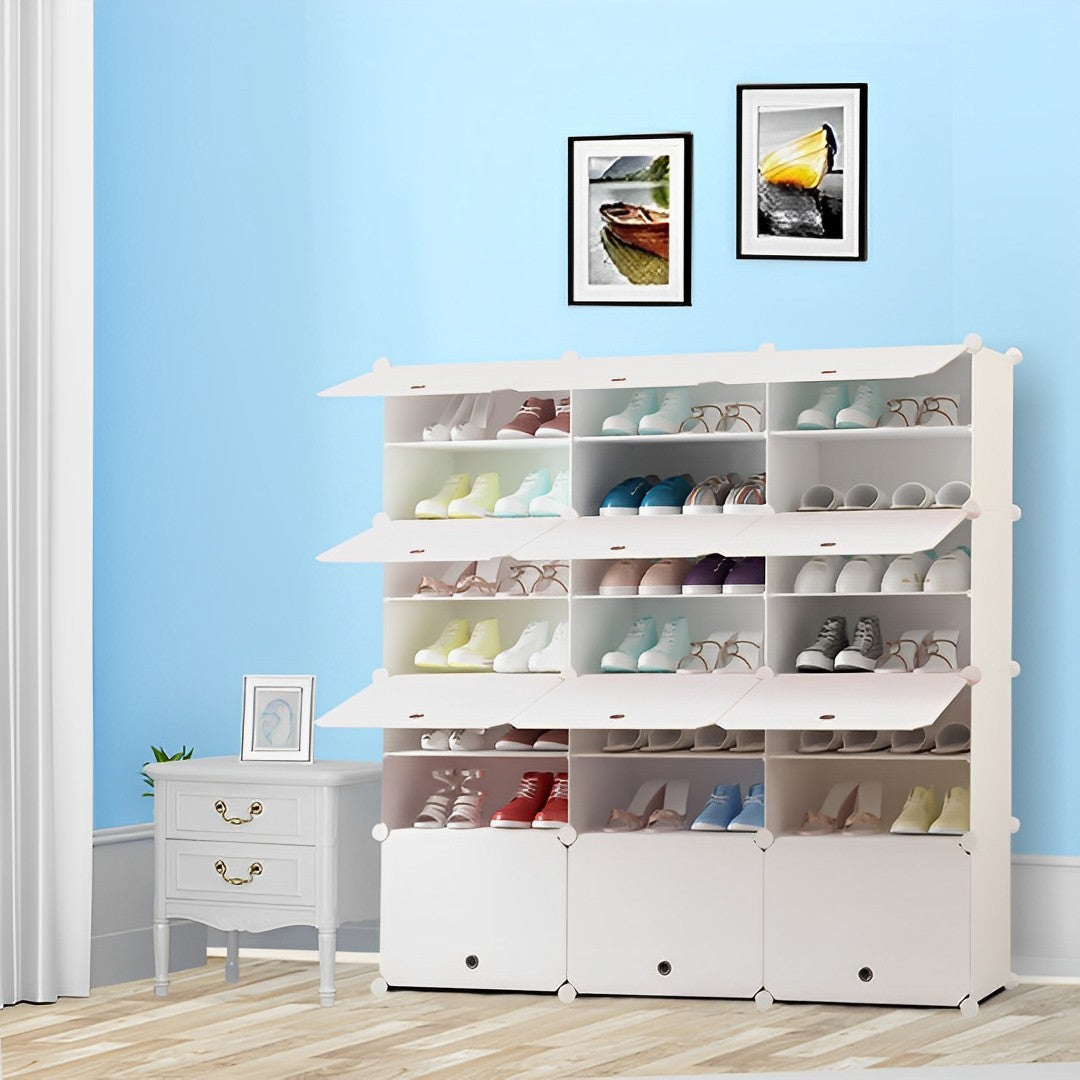 SOGA 7 Tier 3 Column White Shoe Rack Organizer Sneaker Footwear Storage Stackable Stand Cabinet Portable Wardrobe with Cover - Cafe Supply
