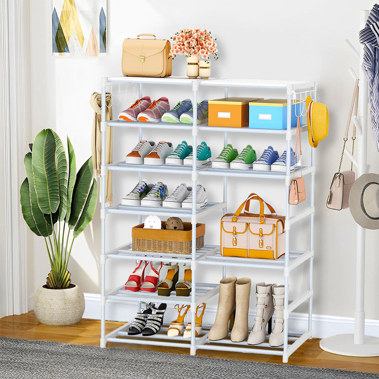 SOGA 2X 12-Shelf Tier Shoe Storage Shelf Space-Saving Caddy Rack Organiser with Side Hooks White - Cafe Supply