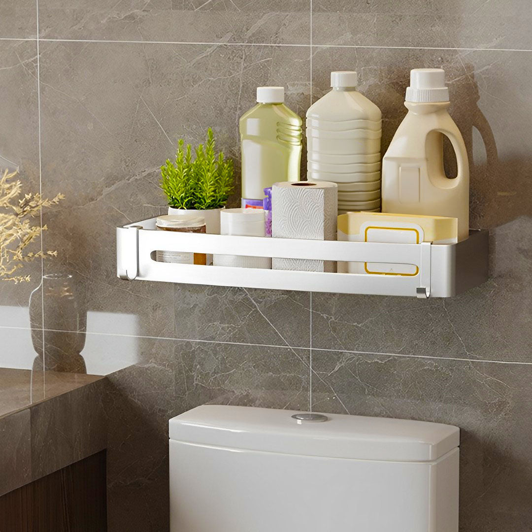 SOGA Silver Wall-Mounted Rectangular Bathroom Storage Organiser Space Saving Adhesive Shelf Rack with Hooks - Cafe Supply