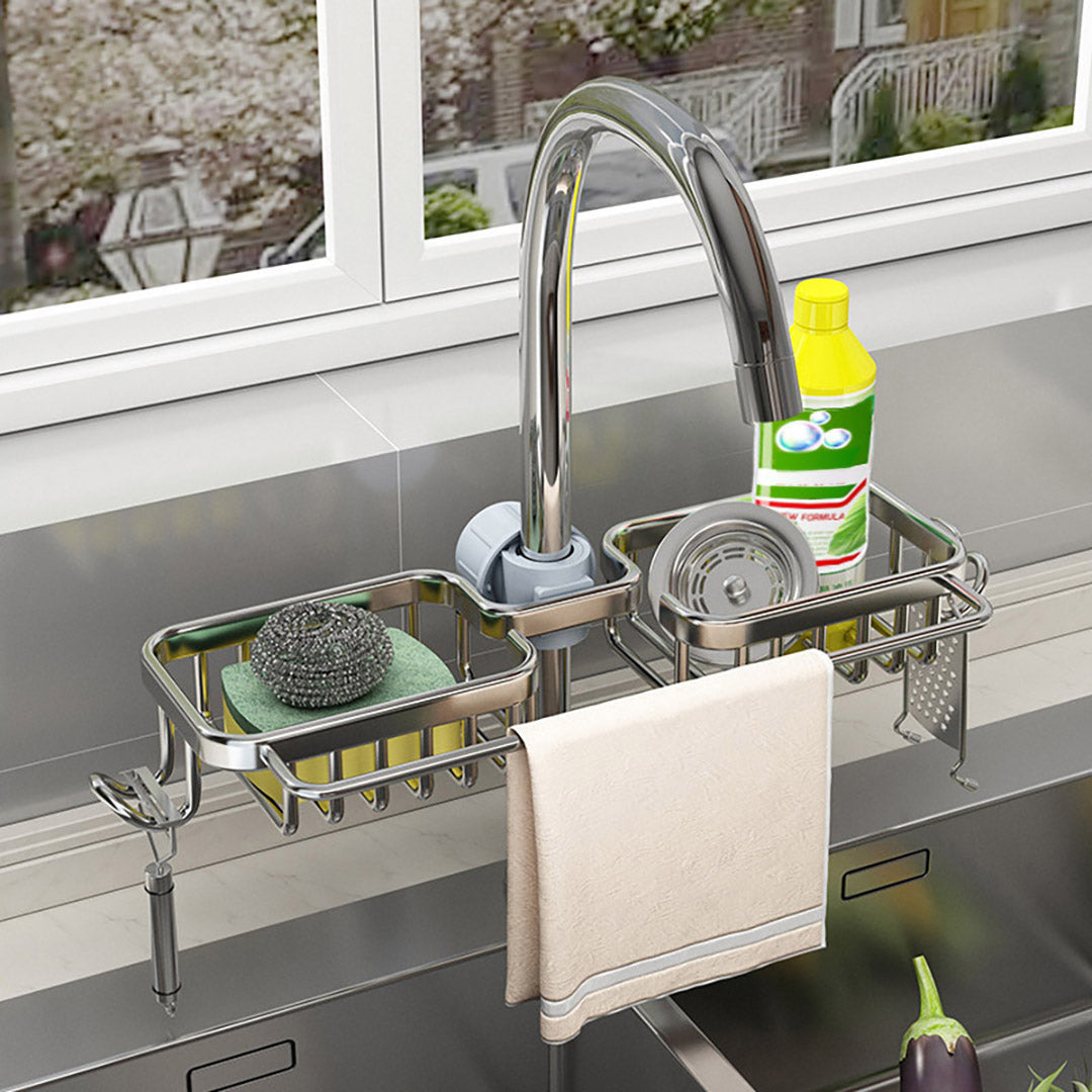 SOGA 2X Silver Kitchen Sink Organiser Faucet Soap Sponge Caddy Rack Drainer with Towel Bar Holder - Cafe Supply