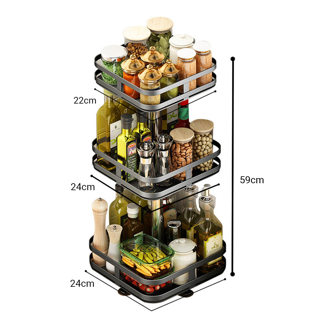 SOGA 3 Tier Steel Black Square Rotating Multi-Function Kitchen Portable Storage Spice Seasoning Kitchen Countertop Organiser Shelf - Cafe Supply