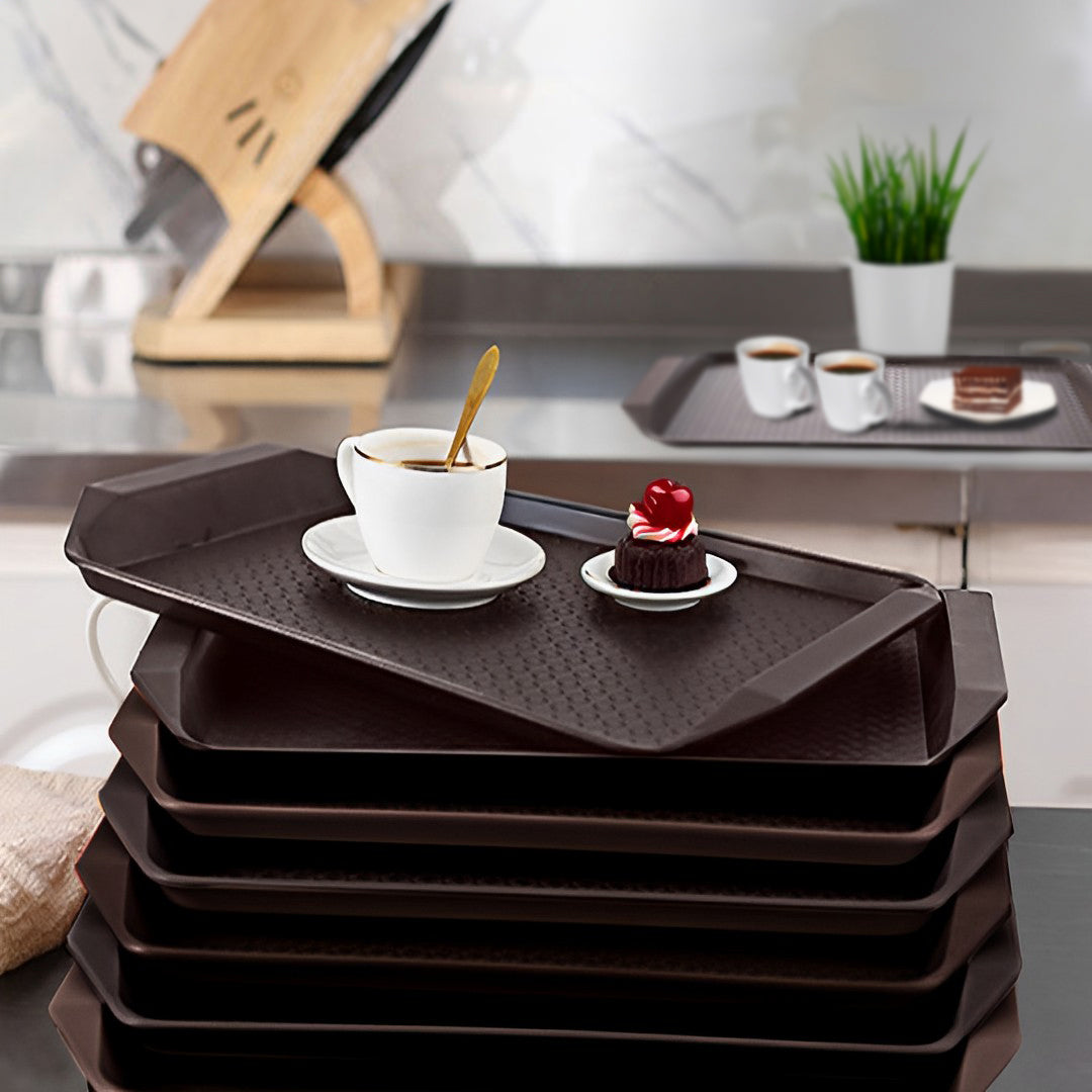 SOGA Rectangular Serving Tray Heavy Duty Waterproof Stackable Plastic Food Snack Pan Set of 10 Coffee - Cafe Supply