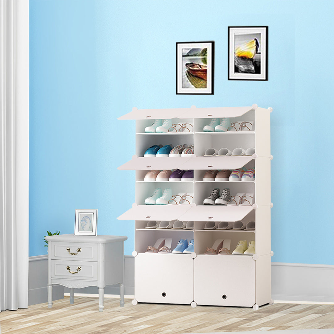 SOGA 7 Tier 2 Column White Shoe Rack Organizer Sneaker Footwear Storage Stackable Stand Cabinet Portable Wardrobe with Cover - Cafe Supply