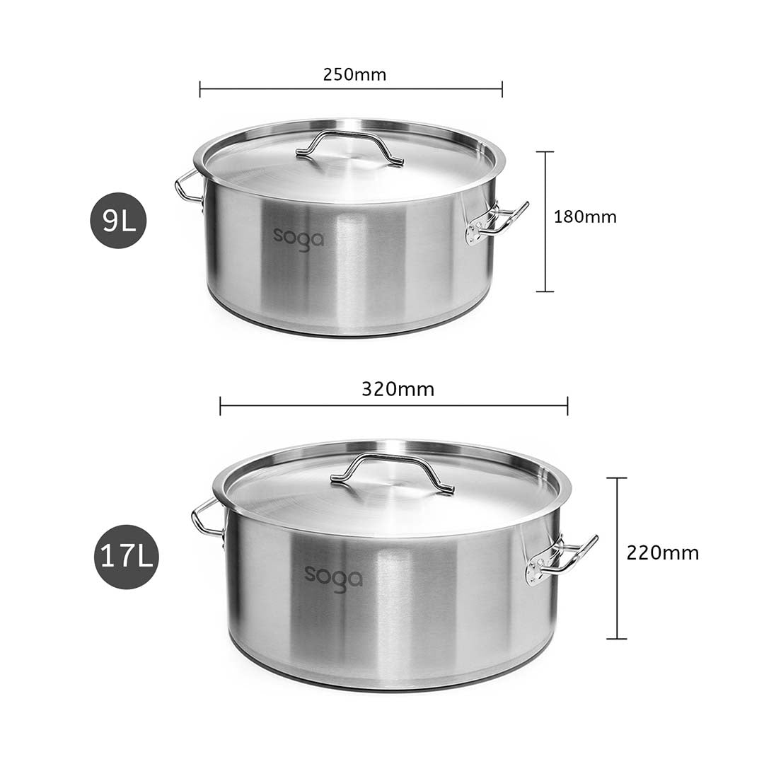 SOGA Stock Pot 9L 17L Top Grade Thick Stainless Steel Stockpot 18/10 - Cafe Supply