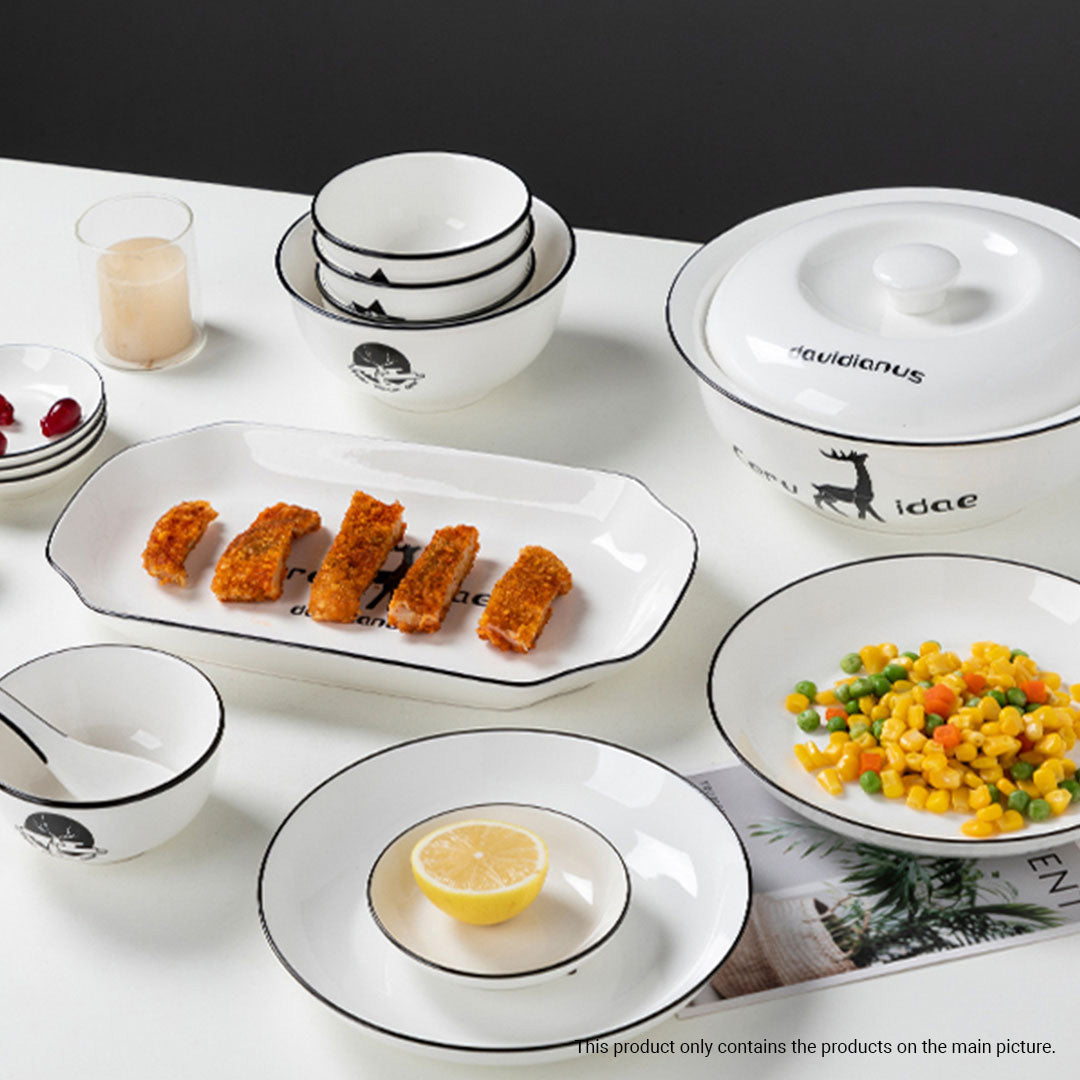 SOGA White Antler Printed Ceramic Dinnerware Set Crockery Soup Bowl Plate Server Kitchen Home Decor Set of 13 - Cafe Supply