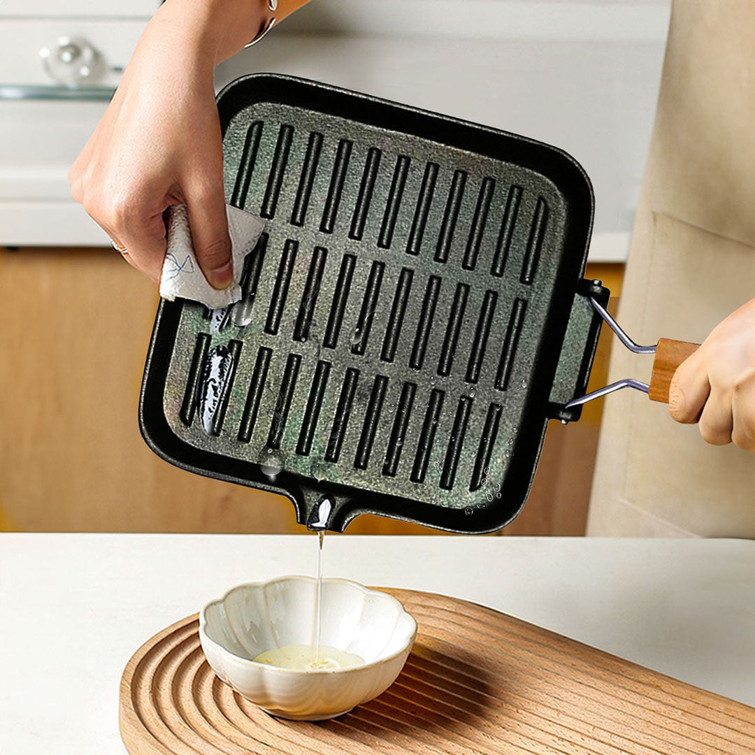 SOGA 2X 24cm Ribbed Cast Iron Square Steak Frying Grill Skillet Pan with Folding Wooden Handle - Cafe Supply