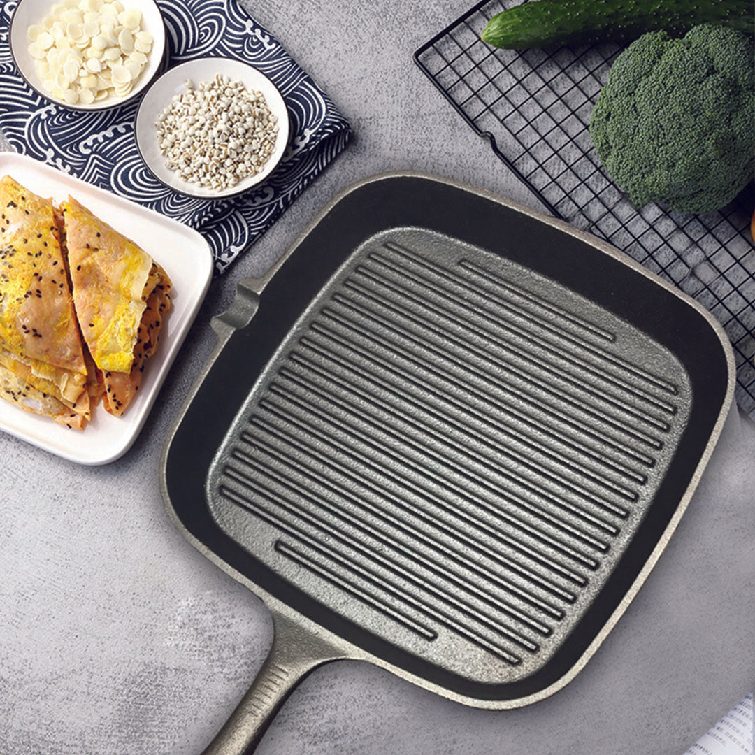 SOGA 23.5cm Square Ribbed Cast Iron Frying Pan Skillet Steak Sizzle Platter with Handle - Cafe Supply