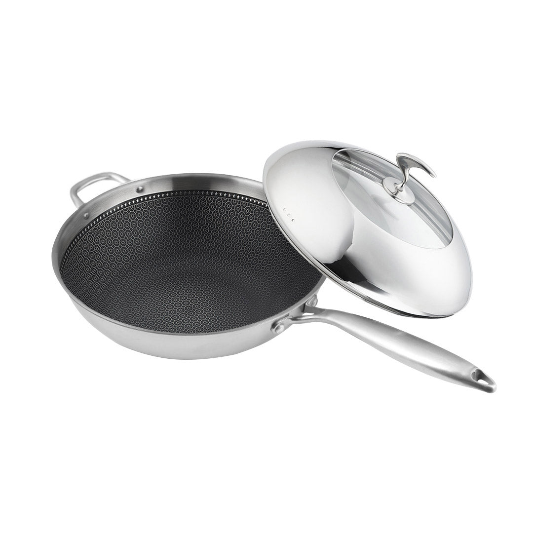 SOGA 2X 18/10 Stainless Steel Fry Pan 32cm Frying Pan Top Grade Non Stick Interior Skillet with Helper Handle and Lid - Cafe Supply