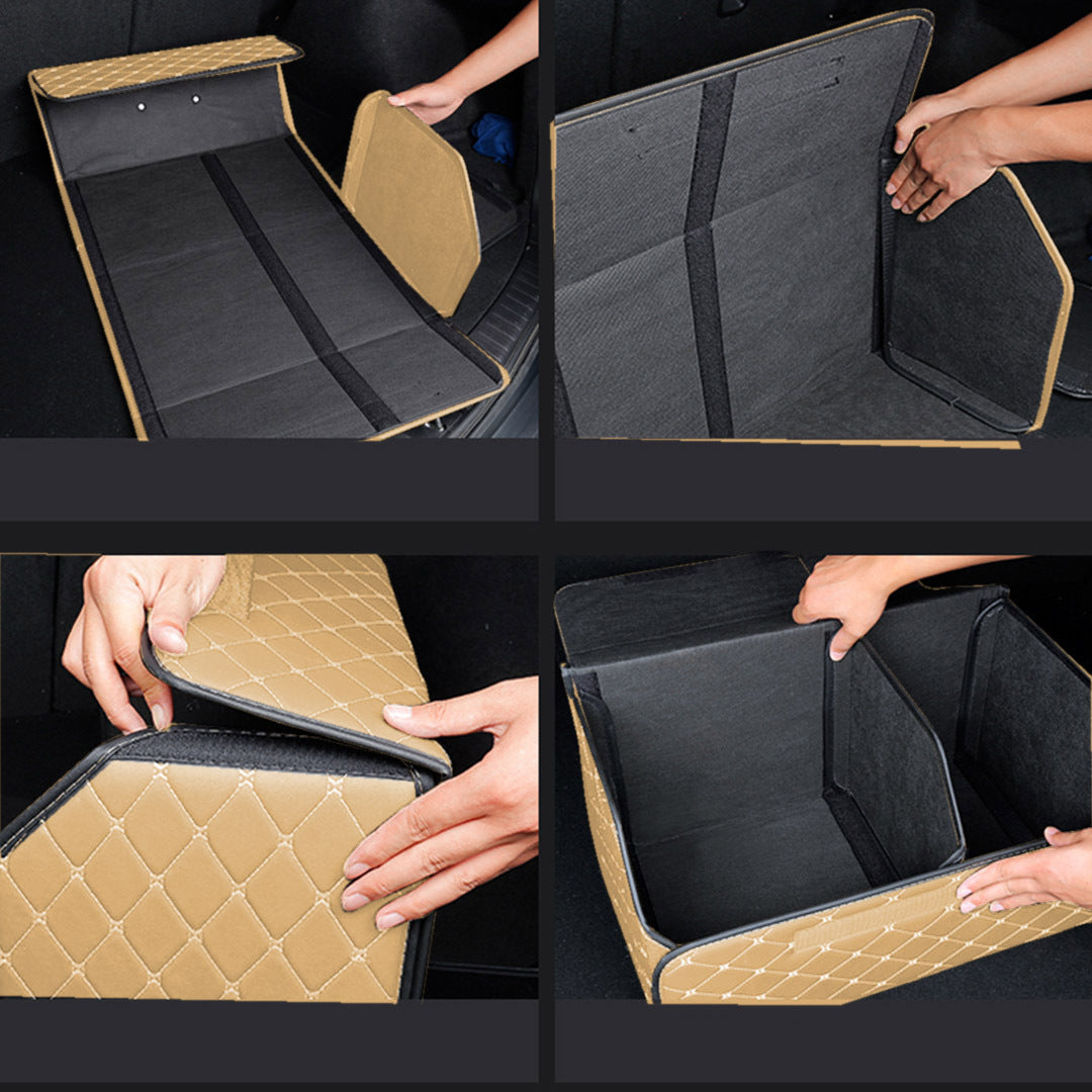 SOGA 2X Leather Car Boot Collapsible Foldable Trunk Cargo Organizer Portable Storage Box Beige/Gold Stitch Medium - Cafe Supply