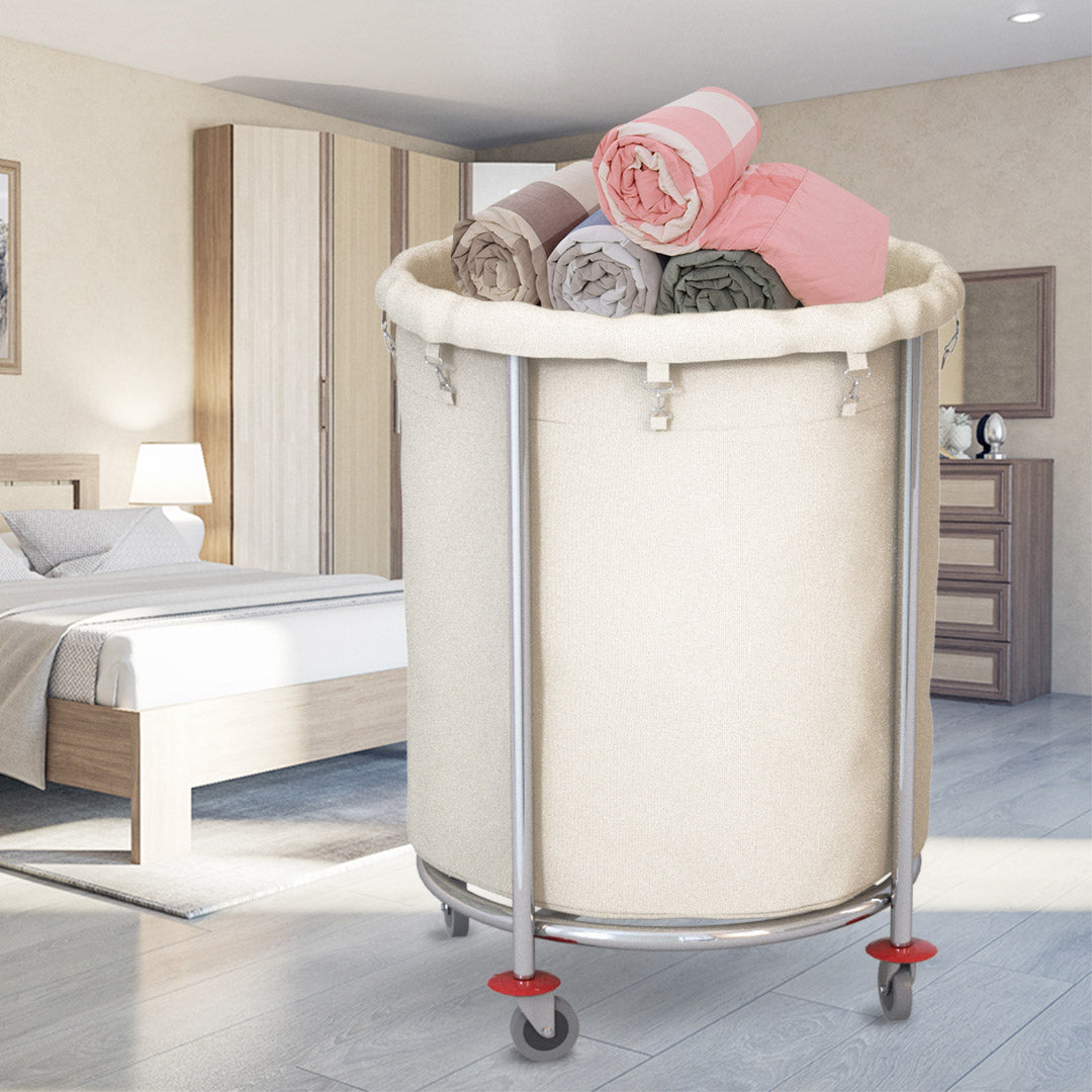SOGA 2X Stainless Steel Commercial Round Soiled Linen Laundry Trolley Cart with Wheels White - Cafe Supply
