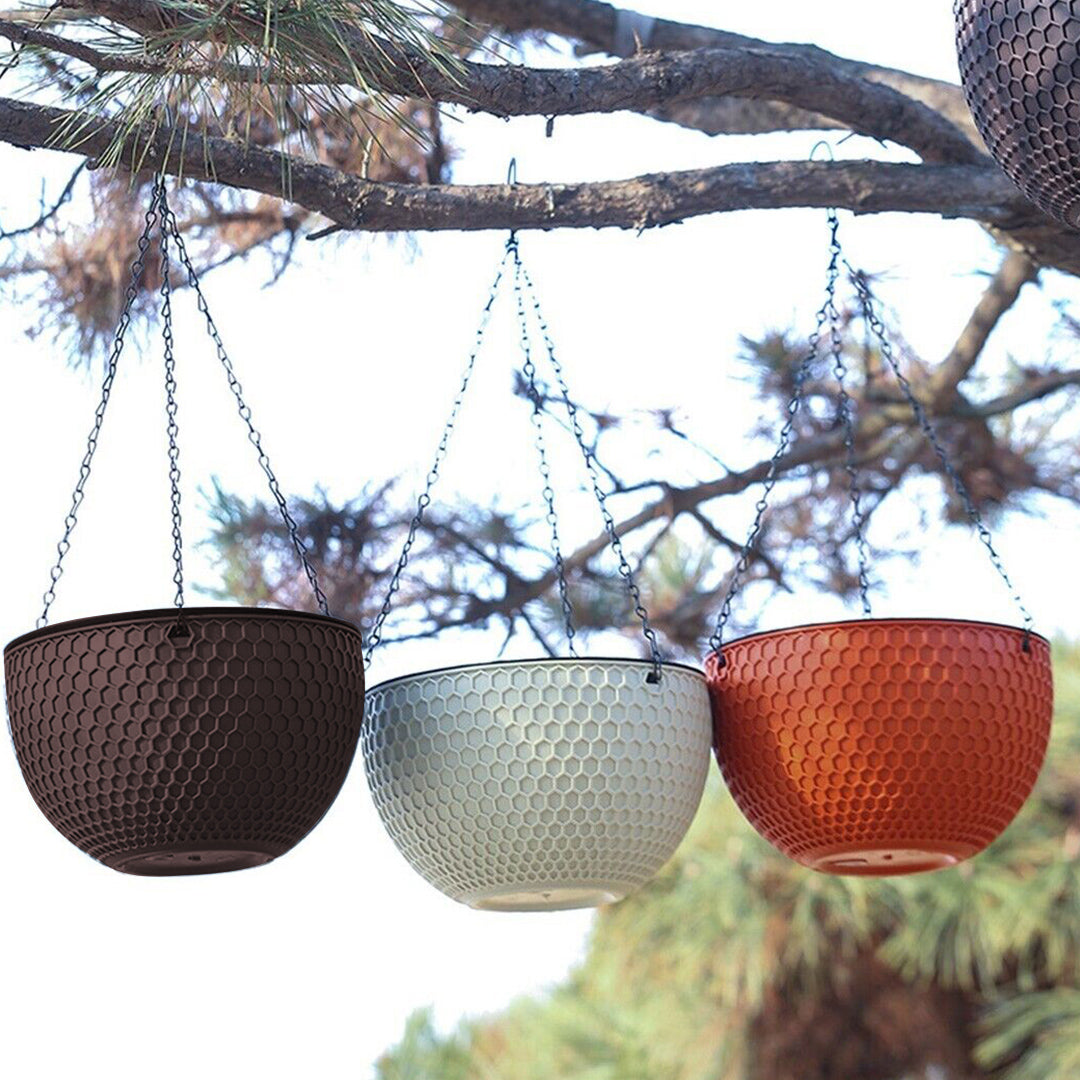 SOGA 2X Red Medium Hanging Resin Flower Pot Self Watering Basket Planter Outdoor Garden Decor - Cafe Supply