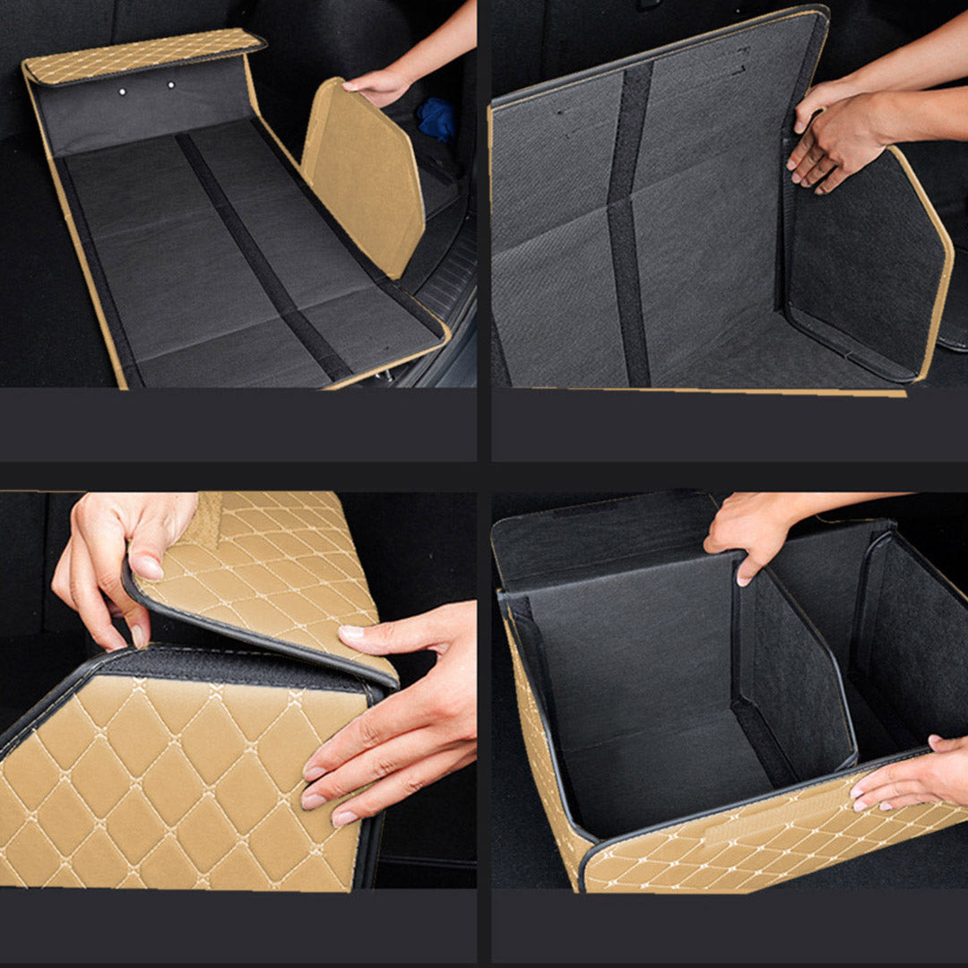 SOGA 2X Leather Car Boot Collapsible Foldable Trunk Cargo Organizer Portable Storage Box Beige/Gold Stitch Large - Cafe Supply