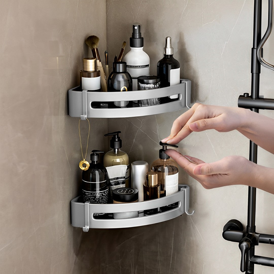 SOGA Silver Wall-Mounted Triangular Bathroom Storage Corner Vanity Organiser Space Saving Adhesive Shelf Rack with Hooks - Cafe Supply