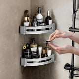 SOGA Silver Wall-Mounted Triangular Bathroom Storage Corner Vanity Organiser Space Saving Adhesive Shelf Rack with Hooks - Cafe Supply