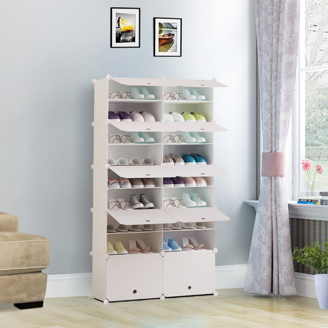 SOGA 9 Tier 2 Column White Shoe Rack Organizer Sneaker Footwear Storage Stackable Stand Cabinet Portable Wardrobe with Cover - Cafe Supply
