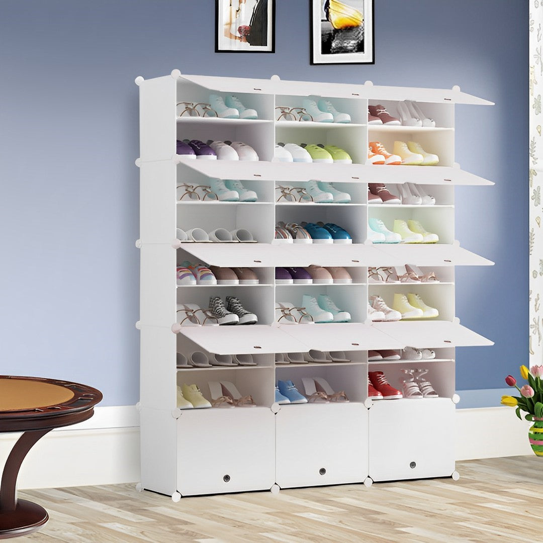 SOGA 9 Tier 3 Column White Shoe Rack Organizer Sneaker Footwear Storage Stackable Stand Cabinet Portable Wardrobe with Cover - Cafe Supply