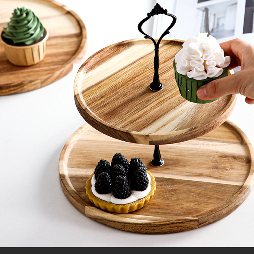 SOGA 2X 15cm 2 Tier  Brown Round Wooden Acacia Dessert Tray Cake Snacks Cupcake Stand Buffet Serving Countertop Decor - Cafe Supply