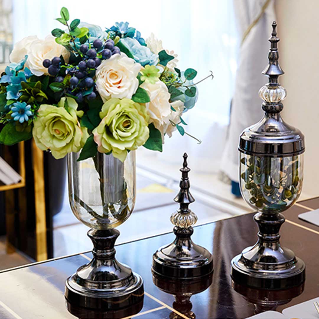 SOGA 2X Clear Glass Flower Vase with Lid and Transparent Filler Vase Black Set - Cafe Supply