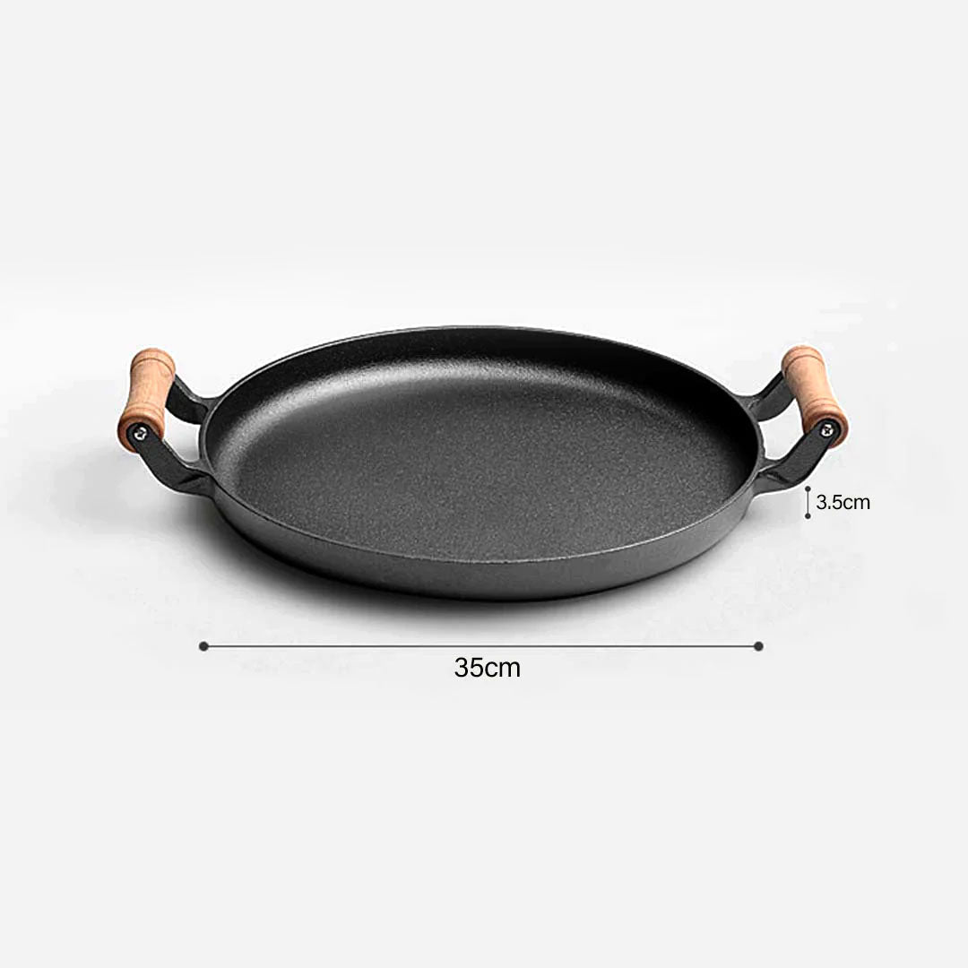 SOGA 2X 35cm Cast Iron Frying Pan Skillet Steak Sizzle Fry Platter With Wooden Handle No Lid - Cafe Supply