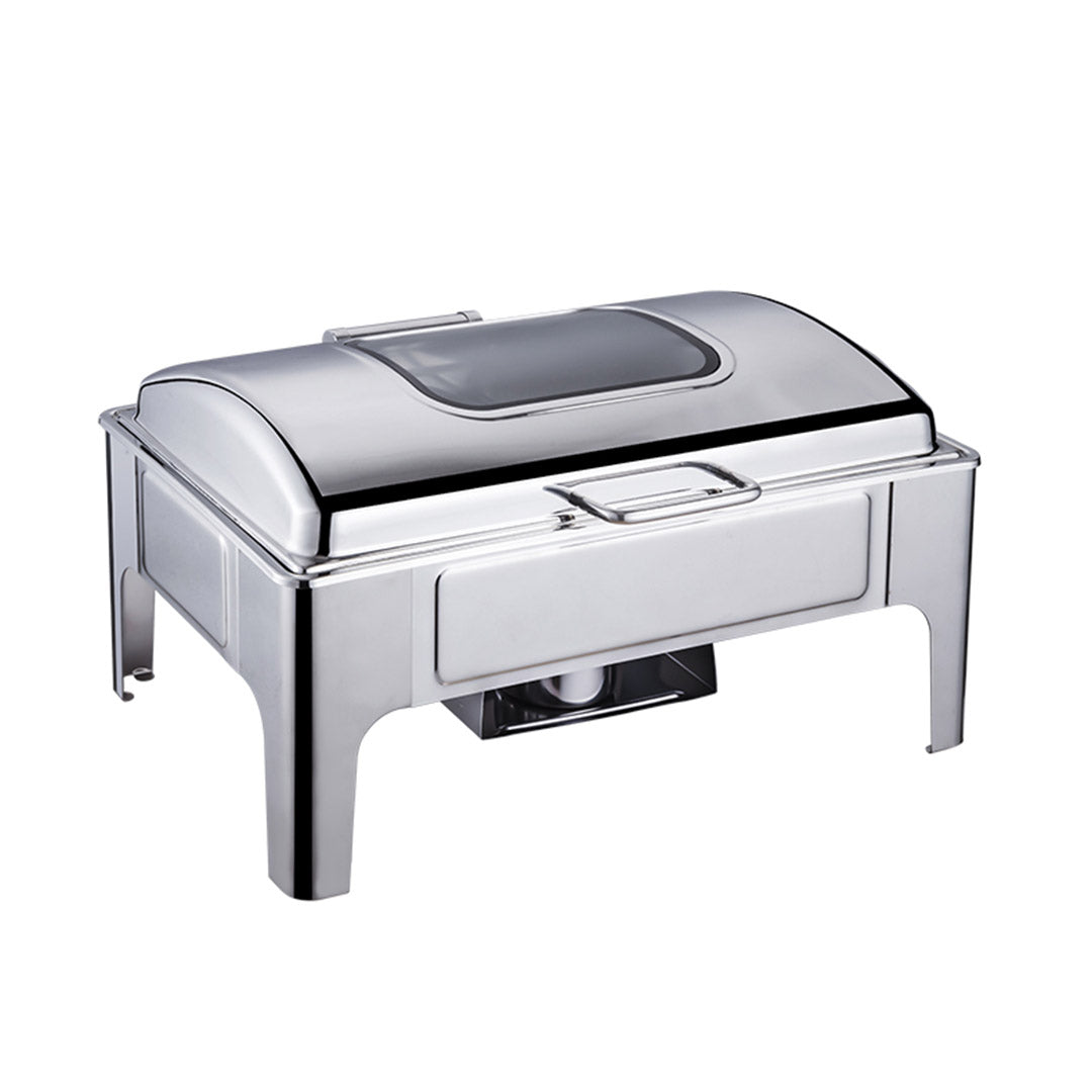 SOGA 4X 9L Rectangular Stainless Steel Soup Warmer Roll Top Chafer Chafing Dish Set with Glass Visual Window Lid - Cafe Supply